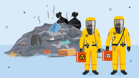 Illustration of two people in yellow hazmat suits standing in front of a large pile of garbage