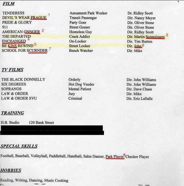 Funny movie typos on résumé