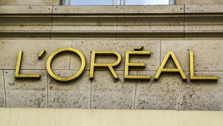 Close-up of the L'Oréal logo outside the brand's store in Paris, France