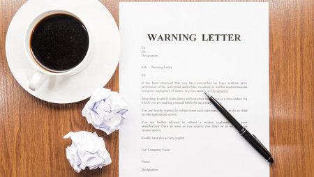 Top-down view of a warning letter and cup of coffee on a desk