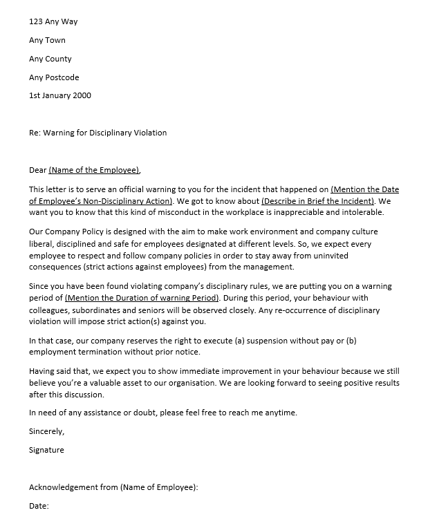 written warning appeal letter template