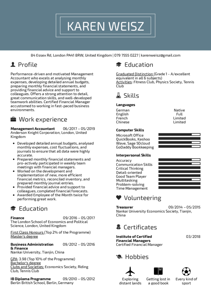 Management accountant résumé example