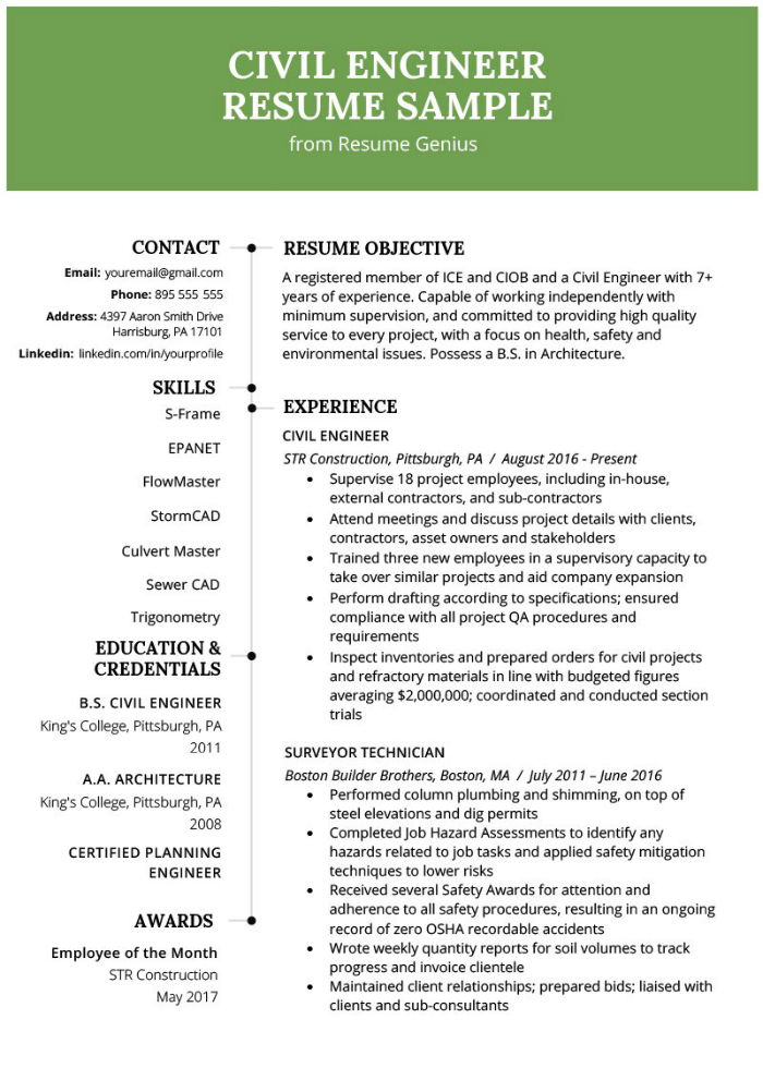 Civil engineer CV best résumé example