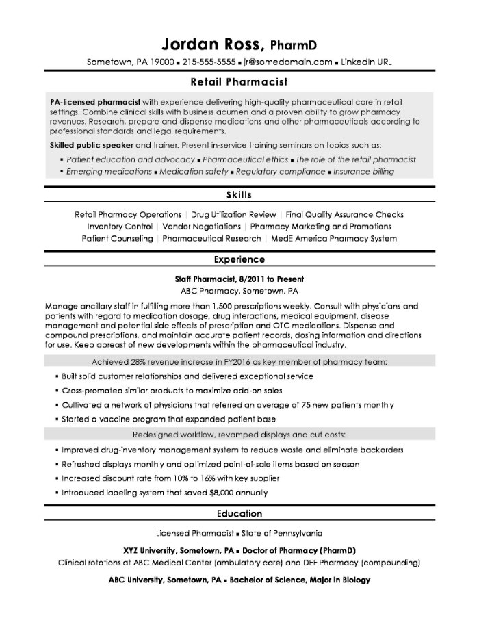 Retail pharmacist résumé example