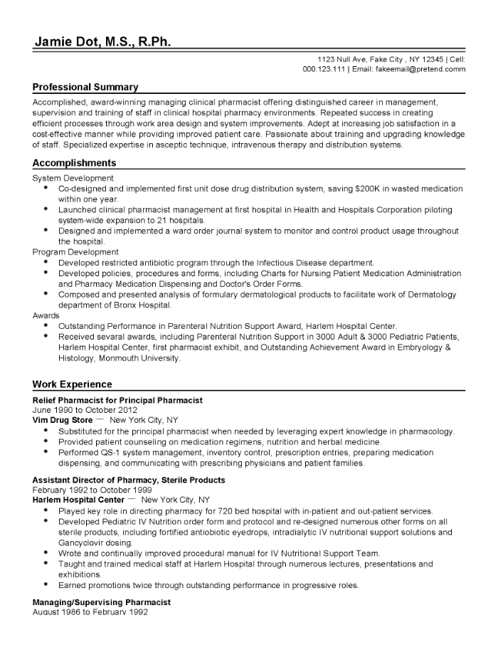 resume format of pharmacist