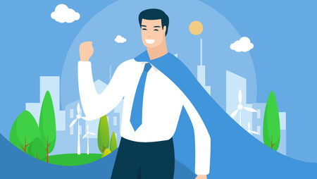 illustration of a cheering businessman wearing a blue cape