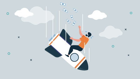Illustration of a man sitting on a crashing rocket surrounded by falling money