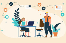 Illustration of a male engineer and a woman sitting at a desk