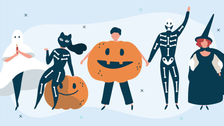 Illustration of people wearing Halloween costumes