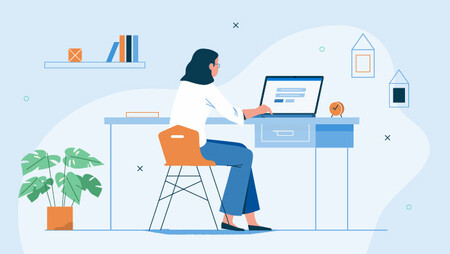 Illustration of a woman sitting at her desk working on her laptop in her home office