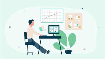 Illustration of a man sitting at his office desk and working on his computer with a chart stuck on the wall