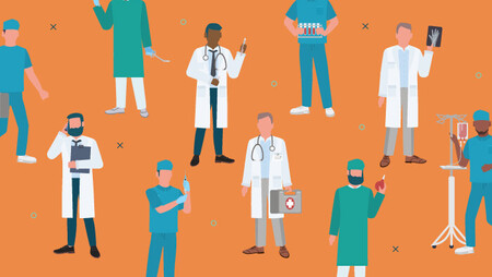 Different types of doctors, some dressed in white coats, others in green and blue scrubs, against an orange background
