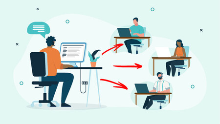 Illustration of remote workers in front of their laptops and a man monitoring them from his computer desktop