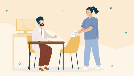 Illustration of a female nurse giving her CV to a male interviewer