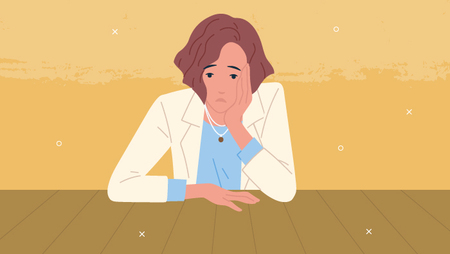Illustration of woman sitting down, looking sad and leaning her face in her left hand