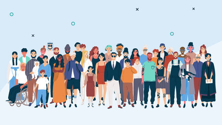 Illustration of a variety of people of different ethnicities, professions and walks of life, standing together and smiling 