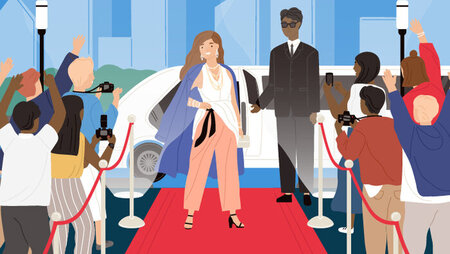 Illustration of a celebrity next to a bodyguard standing in the middle of a crowd of paparazzi on the rep carpet
