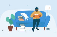 Genius boosting his brain power sitting on a sofa reading a book