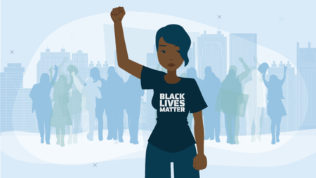 Illustration of a Black woman wearing a T-shirt with 'Black Lives Matter' printed on it