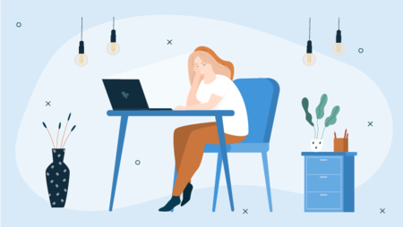 Illustration of a woman in front of her laptop looking tired