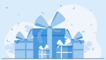 Illustration of wrapped gifts tied with ribbons against a light-blue background