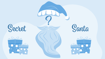 illustration of Santa beard and hat with a question mark and surrounded by gifts and the words 'Secret Santa'