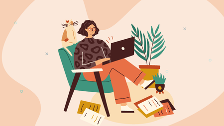 Illustration of a woman sitting in an armchair working on her laptop