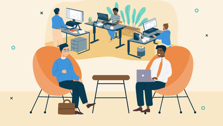 Illustration of two men sitting on armchairs during an interview with a scene of a busy work environment in the background
