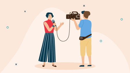 Illustration of a female reporter and a cameraman filming a news story