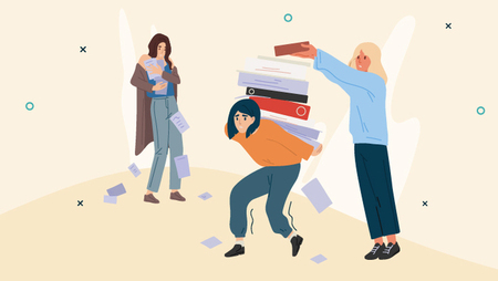 Illustration of three women, one carrying some documents that are falling out of her hands, another carrying a large stack of files on her back whilst the third woman adds another file on top of the stack
