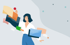 woman work multitasking standing and pointing at some colorful squares to improve skills