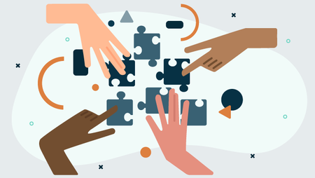 Illustration of fours hands pushing puzzle pieces together