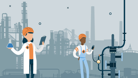 Illustration of two chemical engineers with a chemical plant in the background