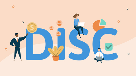 Illustration of various people with DISC in giant letters in the background