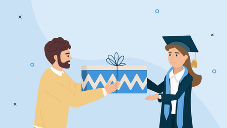 Illustration of a bearded man handing a gift to a graduate wearing graduation gowns 