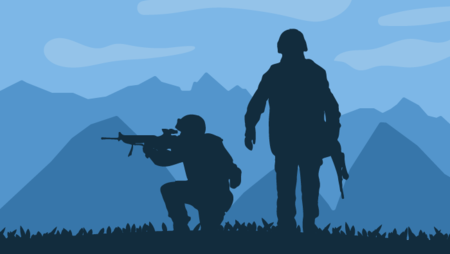 Illustration of two soldier silhouettes one walking and holding a riffle and the other kneeling and pointing a rifle on his left side