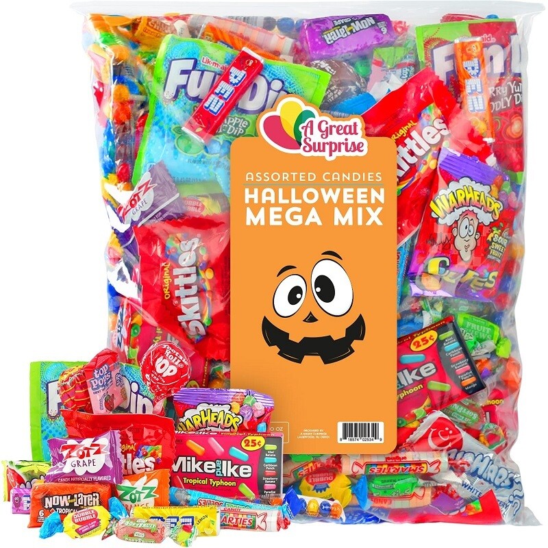A bag full of Halloween candy with a label that reads 