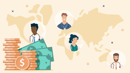 Illustration of a world map with icons of doctors and a pile of cash