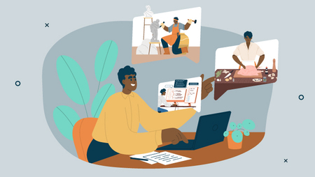 Illustration of a man working on a laptop surrounded by scenes of sculpting, cooking and coding