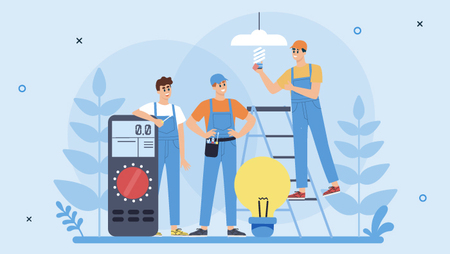 Illustration of three electricians wearing blue overalls, one is standing on a ladder and holding a lightbulb 