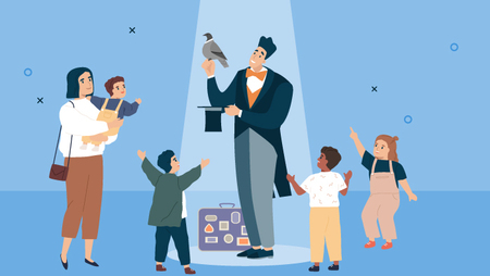 Illustration of a male magician holding up a dive and a top hate,  being surrounded by small children and a woman holding a toddler 