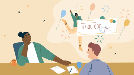 Illustration of two men sitting across each other and talking - one has a thought bubble over his head picturing him holding a giant check that says 1,000,000