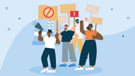Illustration showing protestors striking with signs.