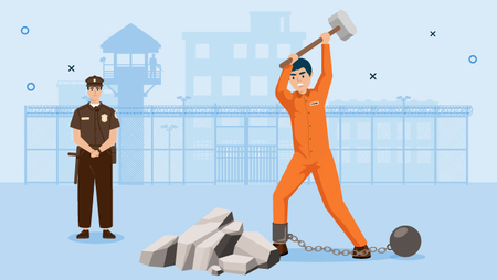Illustration showing prisoner in jumpsuit doing manual labor.