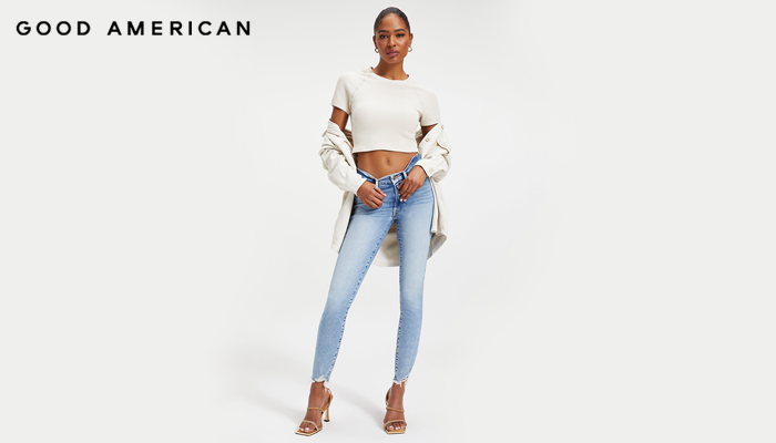 Model wearing Good American brand jeans showing personality