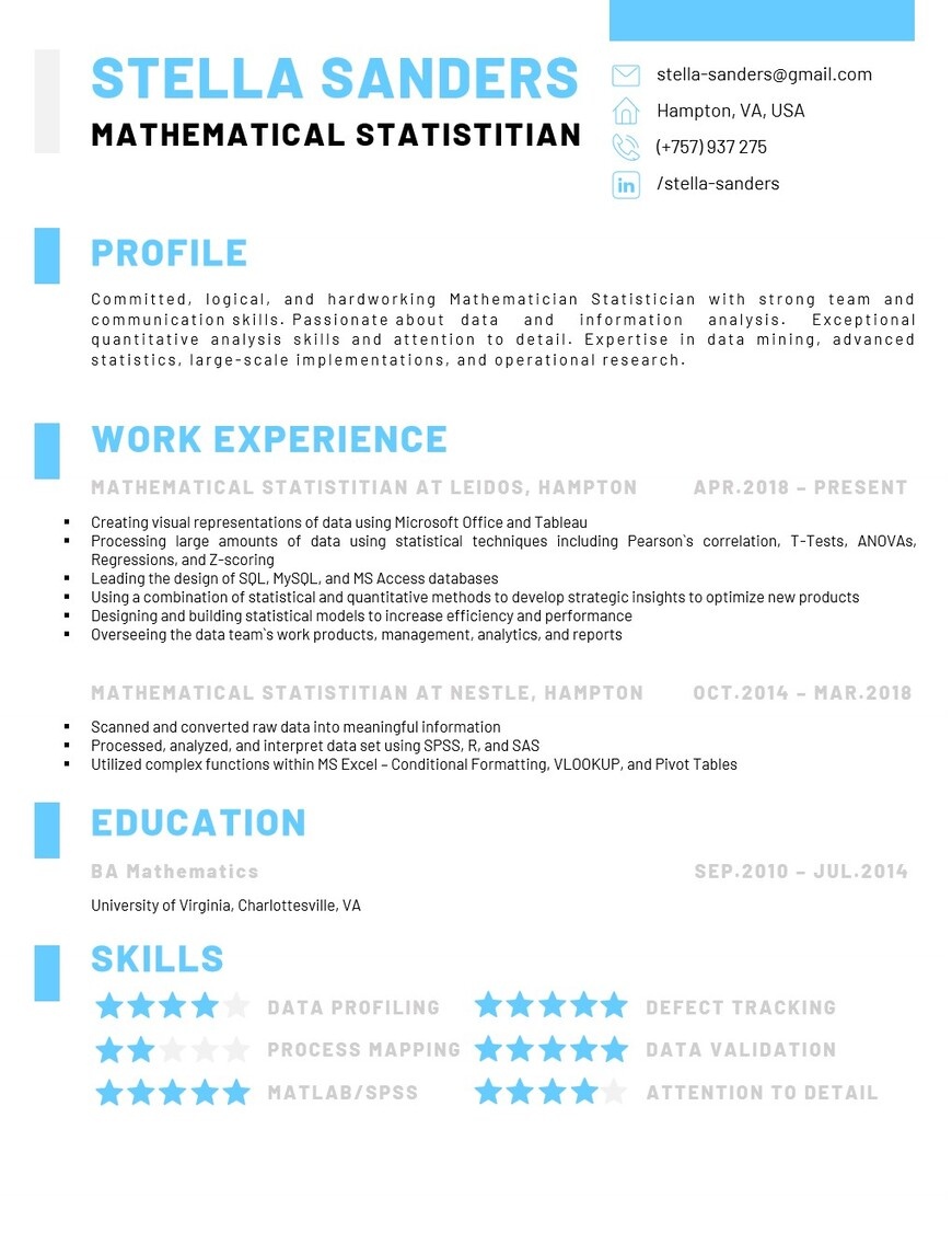 Mathmatical statistitian simple resume example