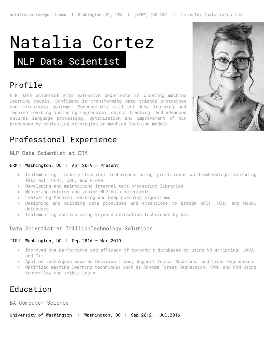 NLP alternative style data scientist resume example