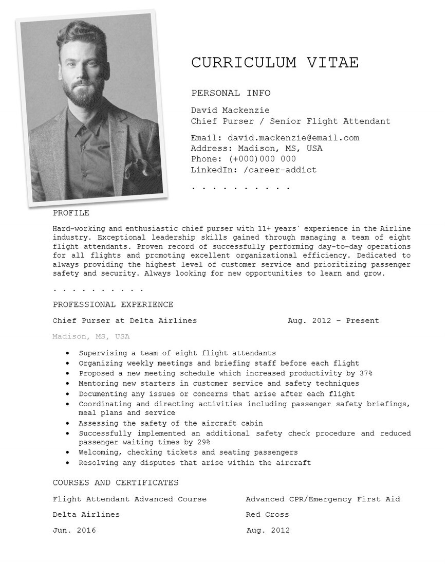 Chief purser senior flight attendant resume example