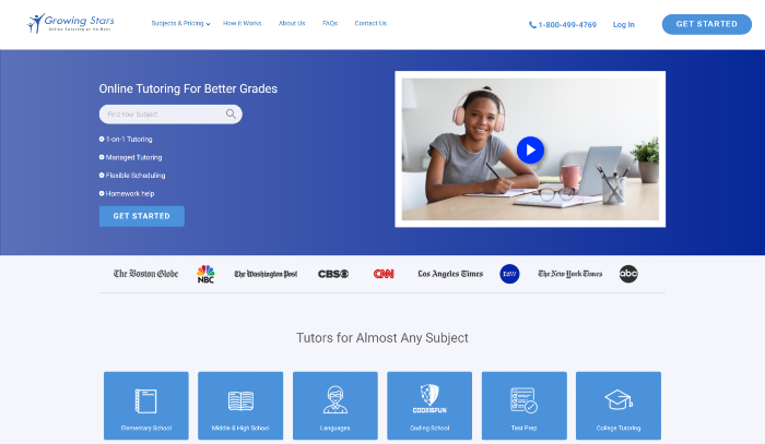 Growing Stars website for tutors and students looking for homework help