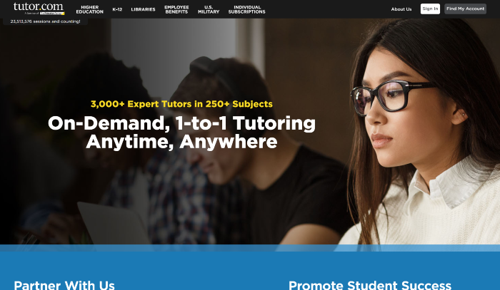 Tutor.com website - promotes student success by offering homework help to students